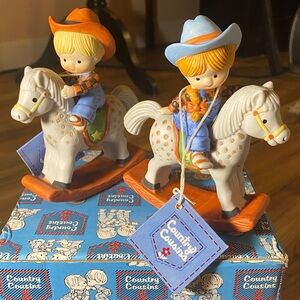 NIB Enesco Country Cousins collectible figurines boy & girl on rocking horses